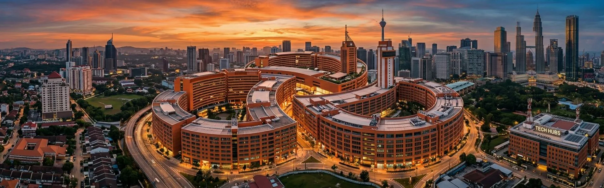 Diverse Malaysian industries represented by modern city skyline with offices, shops, and clinics