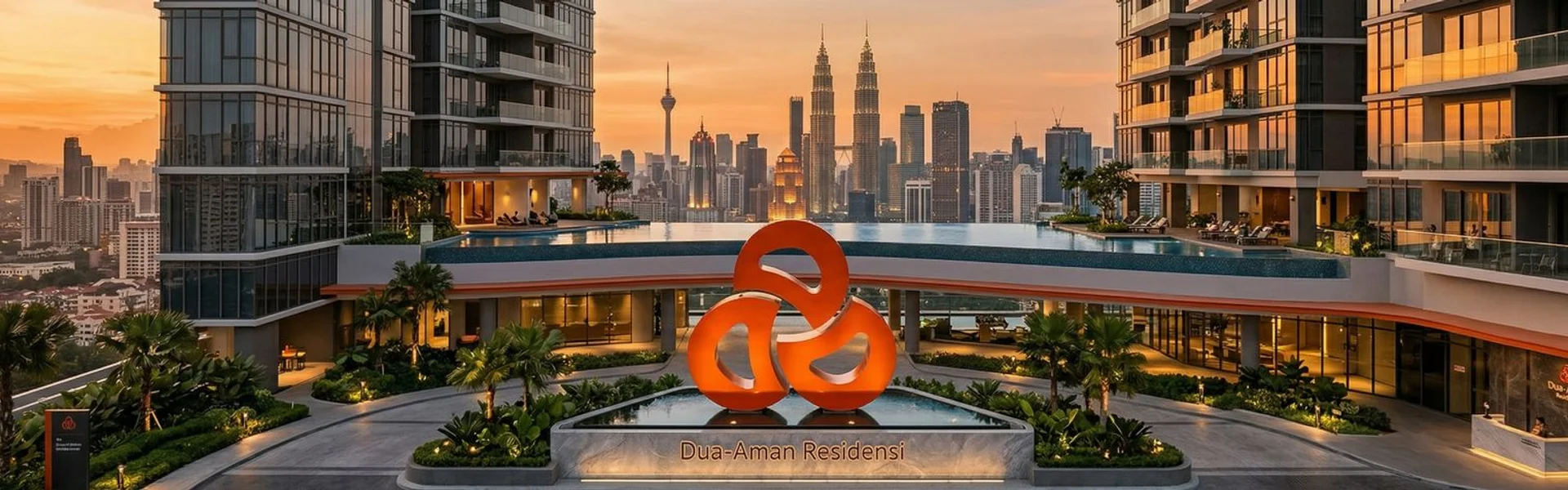 Modern condominium development in Kuala Lumpur with city skyline and pool facilities