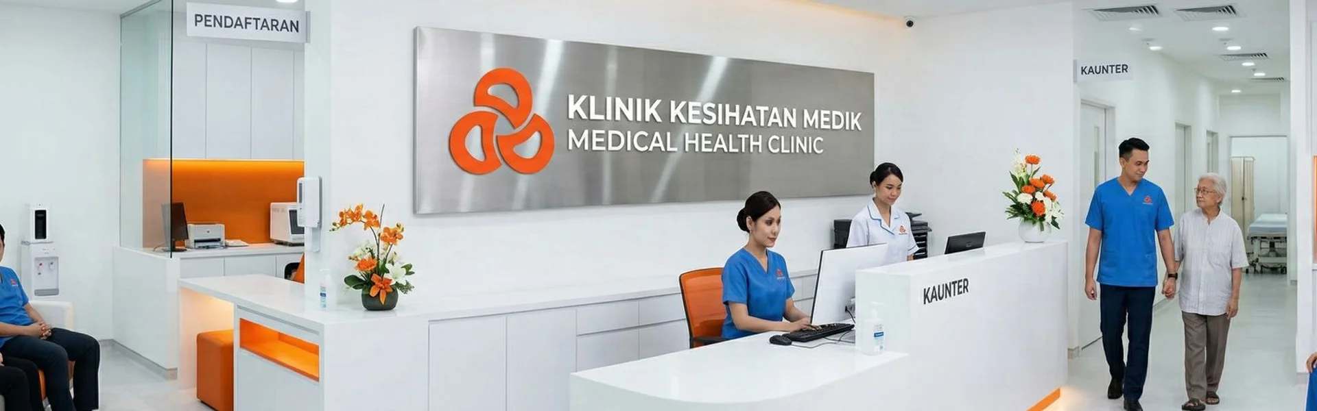 Modern healthcare clinic reception area in Malaysia with professional medical staff