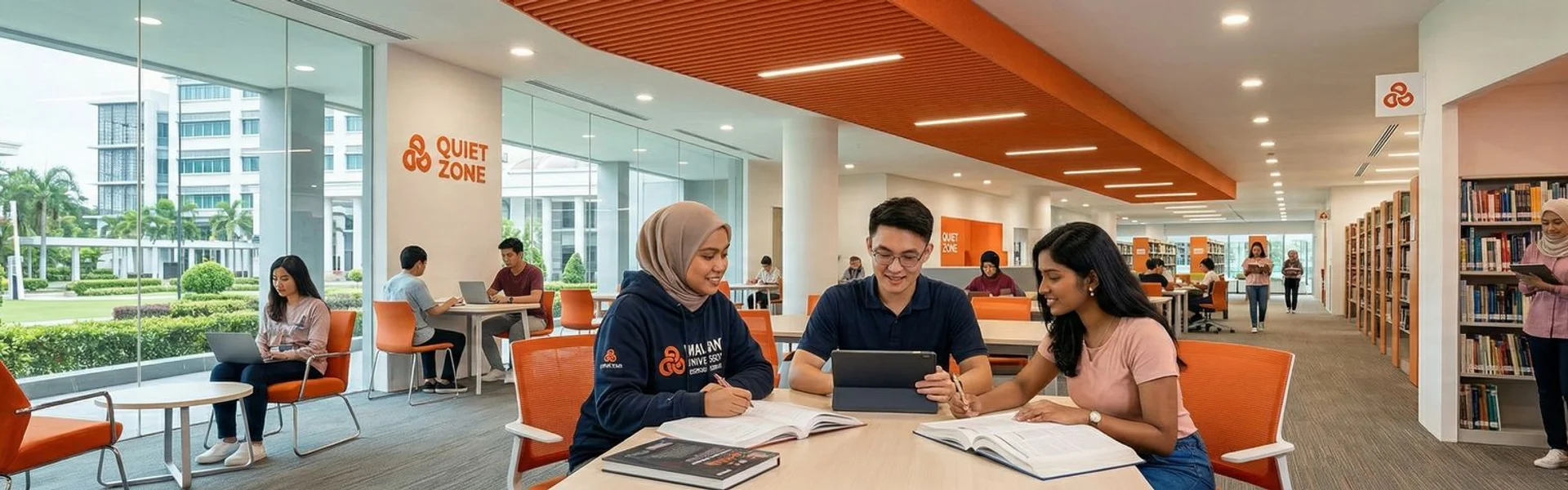 Modern university campus in Malaysia with students studying in library and lecture halls