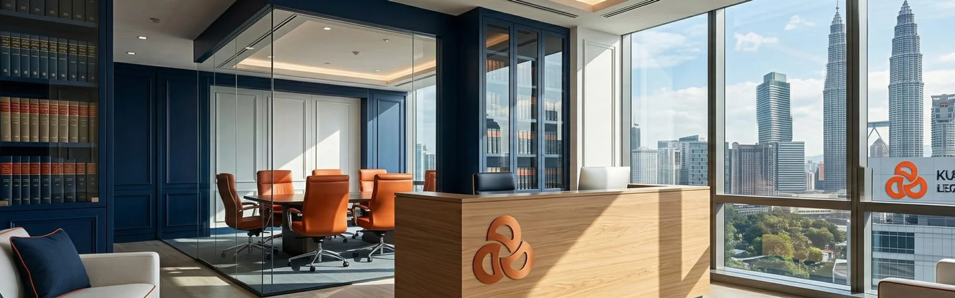 Professional law office in Kuala Lumpur with legal books and modern meeting room