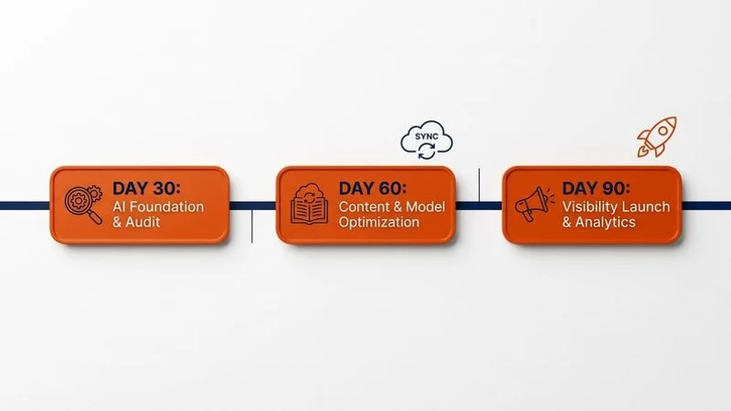 Action plan graphic showing the five fixes for AI invisibility mapped to a 90-day timeline