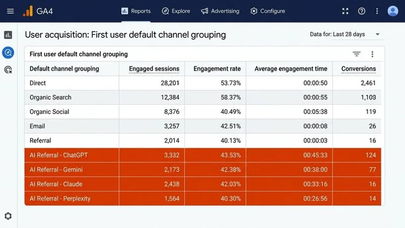 Table showing AI platform referral sources as they appear in GA4 with default channel classifications