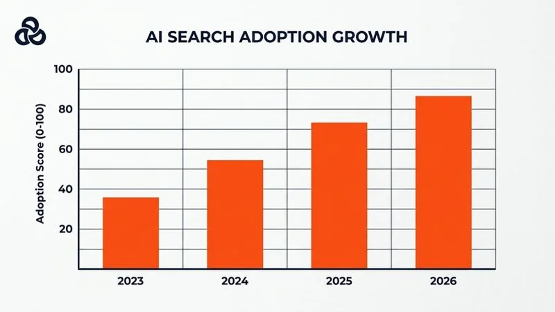Bar chart showing the growth of AI search adoption from 2023 to 2026 across ChatGPT, Perplexity, and Google AI Overviews
