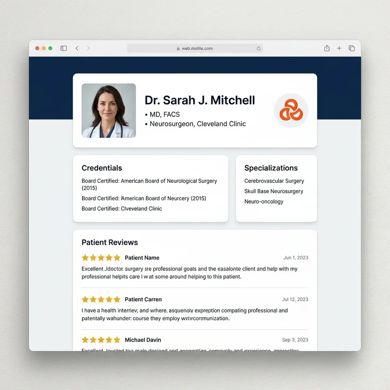 Healthcare practitioner profile with credential signals for AI visibility