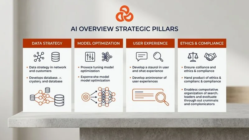Strategy diagram showing the four key areas for adapting to Google AI Overviews: content, GBP, schema, and tracking