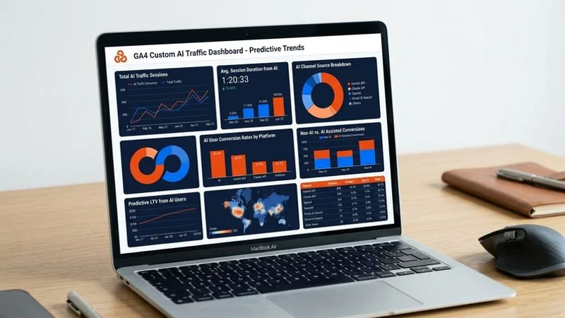 Dashboard mockup showing an AI referral traffic report in GA4 with key metrics highlighted including conversion rate comparison