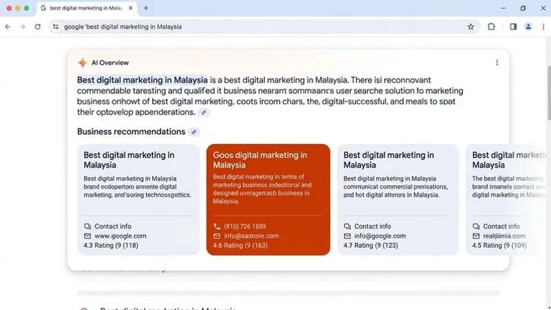 Screenshot example showing a Google AI Overview for a local Malaysian business query with the AI-generated recommendation highlighted