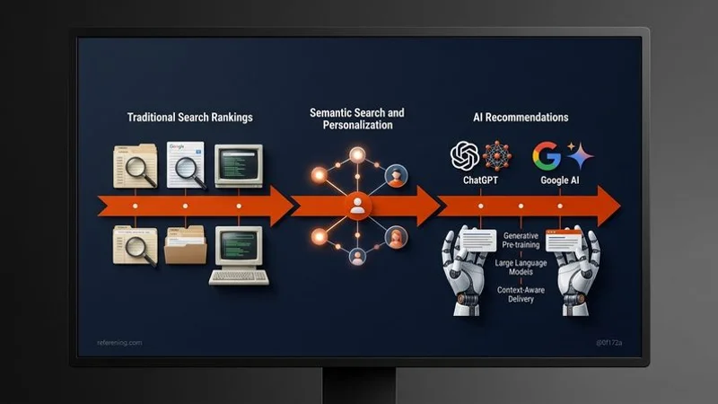 Infographic showing the shift from traditional search to AI-powered recommendations with timeline and business impact data